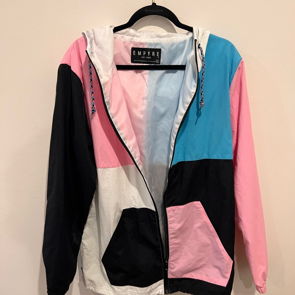 Never worn! Cotton candy and black windbreaker